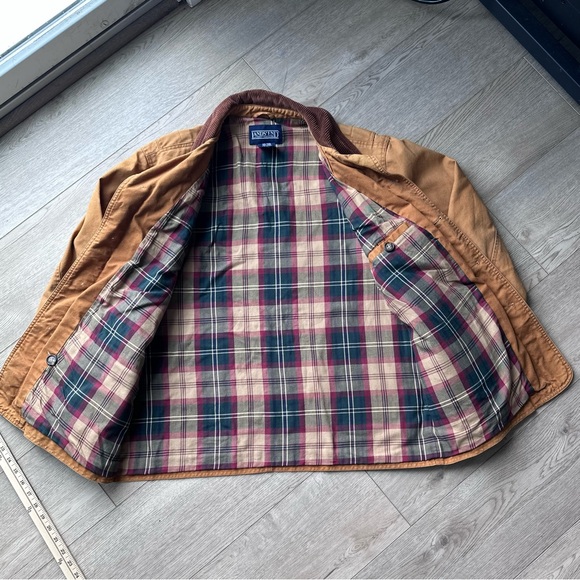 Lands’ End Barn Coat Men’s M Tan Chore Jacket Plaid Lined Corduroy Collar - Picture 2 of 9